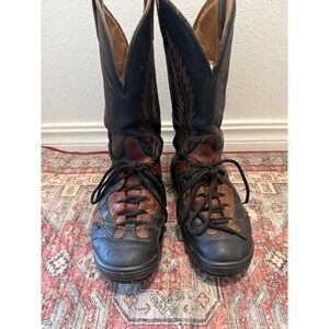 Vintage Tony Lama Mens  8.5D Lace Up Western Hybrid Cowboy Boots Black Brown